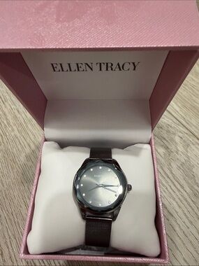 Ellen Tracy Silver-Tone Watch with Dark Metallic Mesh Strap